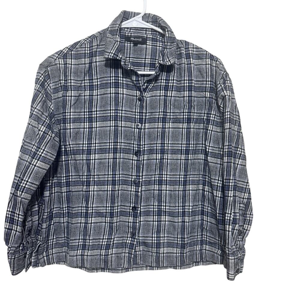Madewell Classic Plaid Button Down Shirt Sz XXS Cotton Boxy Academia Black Blue